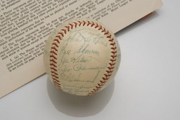 1955 Mickey Mantle Unsigned Yankees Player Contract & 1956 Yankees World Championship Team Signed Baseball  