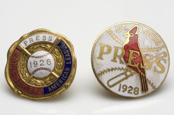 Pair of 1928 World Series Press Pins - Yankees/Cardinals 