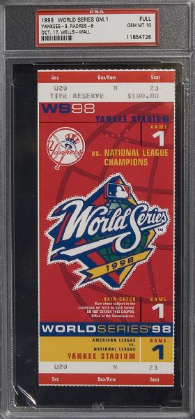 1998 World Series (Yankees/Padres) Game 1 Full Ticket - PSA 10 GEM MINT