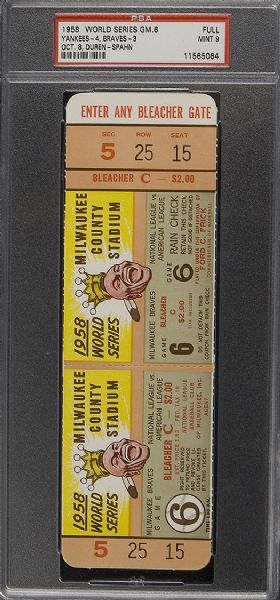 1958 World Series (Yankees/Braves) Game 6 Full Ticket PSA 9 MINT  