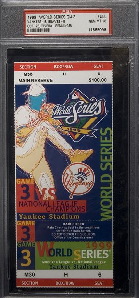 1999 World Series (Yankees/Braves) Game 3 Full Ticket - PSA 10 GEM MINT 