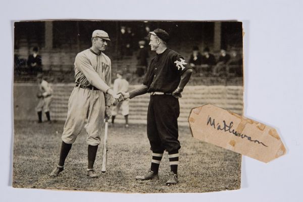 Only Known 1911 Original Photo of Walter Johnson and Christy Mathewson (with Johnsons Own Handwritten caption) 