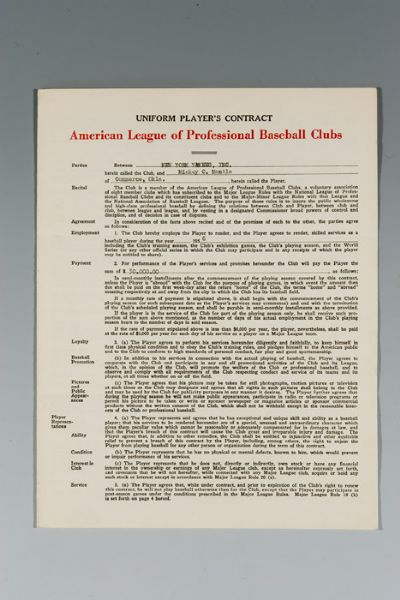 1956 Mickey Mantle Unsigned Yankees Players Contract 