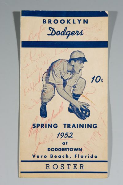 1952 Brooklyn Dodger Spring Training Roster signed by 8 inc Robinson Campanella & Hodges 