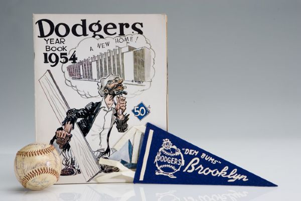 1954 Brooklyn Dodgers Lot Including Program Ball and mini pennant (3)