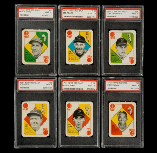 1951 Topps Red Backs Lot of 6 - including Spahn Feller and Rizzuto - All PSA 9 MINT 