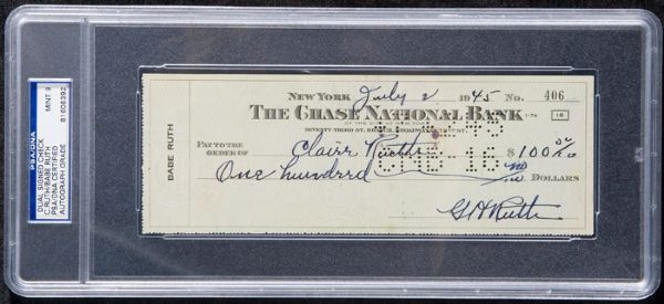 Babe Ruth Double Signed Check (PSA/DNA Graded MINT 9) 