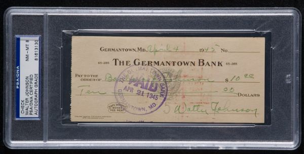 Walter Johnson signed check To Daughter (PSA/DNA Graded 8) 
