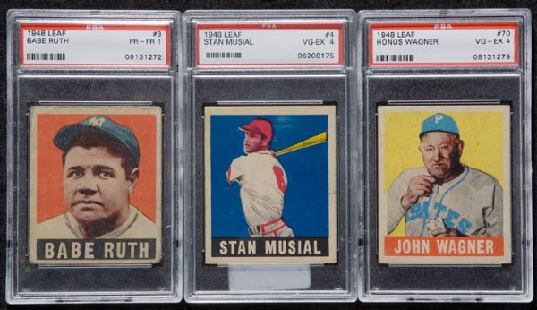 1948-49 Leaf Baseball Lot OF 5 PSA Graded Hall Of Famers Including Ruth Musial & Wagner