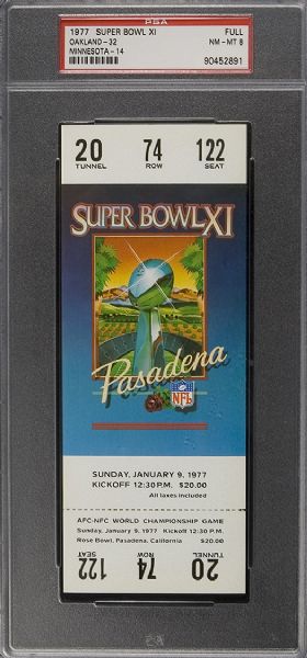 1977 Super Bowl XI Full Ticket PSA 8 NM-MT  
