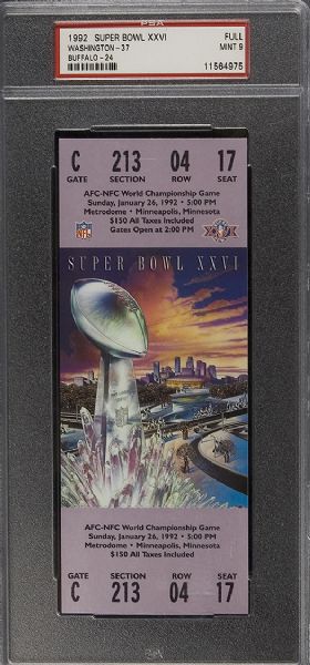 1992 Super Bowl XXVI Full Ticket PSA 9 MINT  