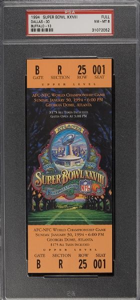 1994 Super Bowl XXVIII Full Ticket PSA 8 NM-MT  