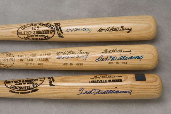 Ted Williams and Bill Terry Autographed Replica Bats (2) and Autographed Baseballs (3)   