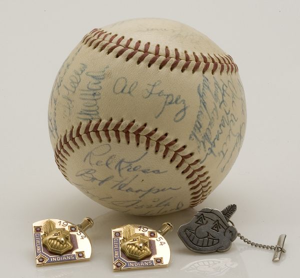 1954 AL Champs Cleveland Indians Team signed baseball & 1954 CLeveland Indians AL Champs 14k gold cufflinks  