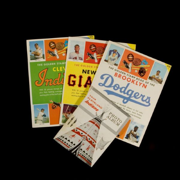 1957 Sohio Gas Cleveland Indians Set in Album Plus 1955 Indians, Dodgers & Giants Golden Stamp Books 