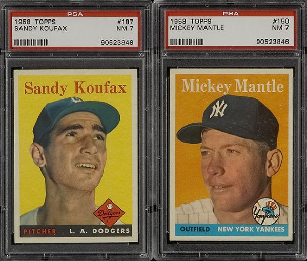 1958 Topps Baseball Lot of 93 Dfferent including Mantle PSA 7 NM & Koufax PSA 7 NM 