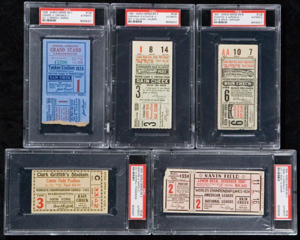 Collection 16 World Series Ticket Stubs from 1926 thru 1977 including Larsens Perfect Game (All PSA Authentic) 