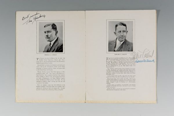 Scarce 1934 testimonial program Signed by Tom Yawkey Eddie Collins and Connie Mack  