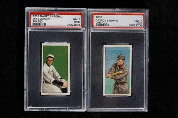 1909-11 T206 BROWNE (CHICAGO) PSA 7 (OC) AND DONLIN (SEATED) PSA 7 (MK)