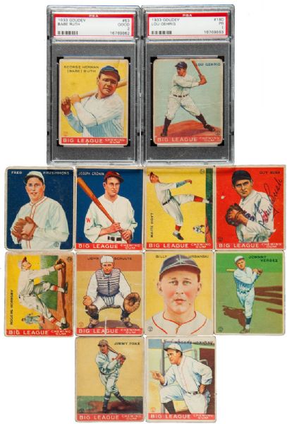 1933 GOUDEY BASEBALL LOT OF (73) DIFFERENT WITH RUTH, GEHRIG, HORNSBY (2) AND OTHER HALL OF FAMERS
