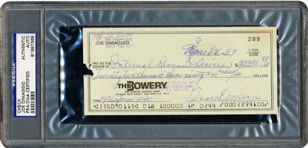 LOT OF (2) JOE DIMAGGIO SIGNED CHECKS PAYABLE TO THE I.R.S. (PSA/DNA AUTHENTIC)