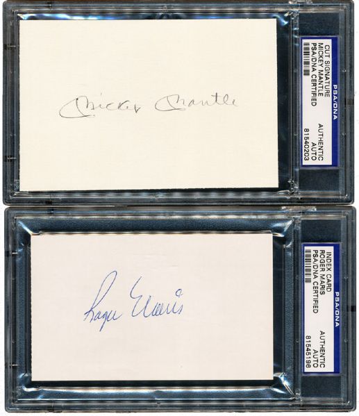 MICKEY MANTLE & ROGER MARIS SIGNED INDEX CARDS ENCAPSULATED BY PSA/DNA