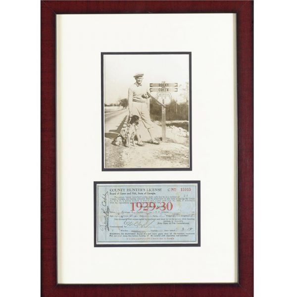 1929-30 TY COBB SIGNED GEORGIA HUNTING LICENSE FRAMED WITH ORIGINAL PHOTOGRAPH