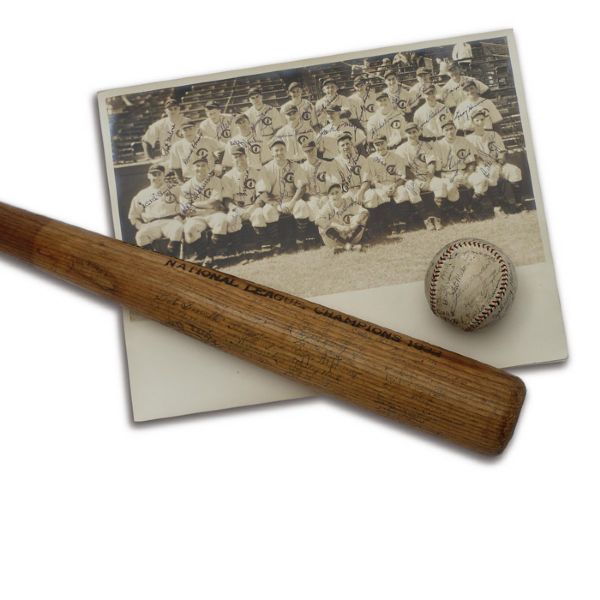1932 CHICAGO CUBS SIGNED BASEBALL, BAT, PHOTOGRAPH AND STUBS