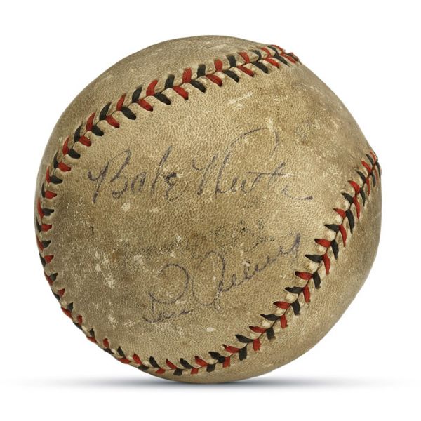 BASEBALL SIGNED BY BABE RUTH AND LOU GEHRIG ON SAME PANEL