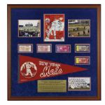1969 "MIRACLE METS" FRAMED DISPLAY, INCLUDING SIGNED PROGRAM, TICKETS, PENNANT AND PHOTOS