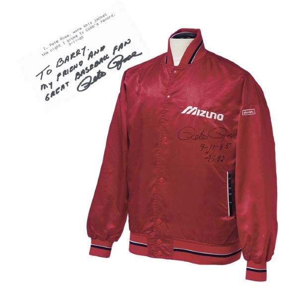 WARM UP JACKET WORN BY PETE ROSE WHEN HE BROKE TY COBBS MAJOR LEAGUE CAREER HIT RECORD, SEPTEMBER 11, 1985