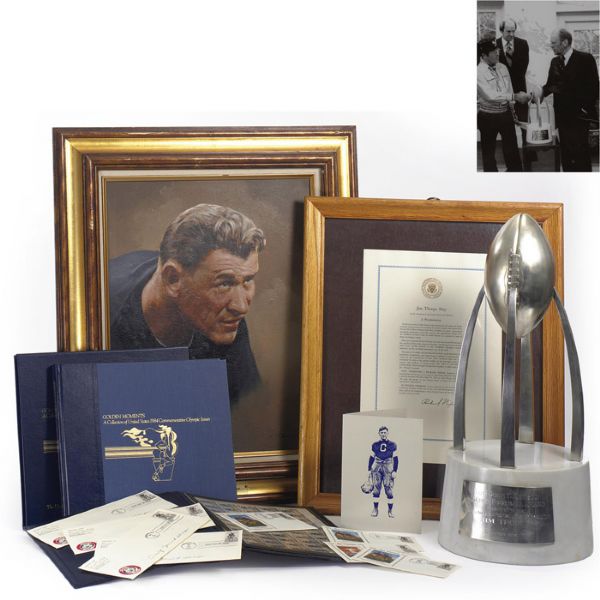 LOT OF JIM THORPE MEMORABILIA, INCLUDING PAINTING, TROPHY, FROM SON JOHN THORPE