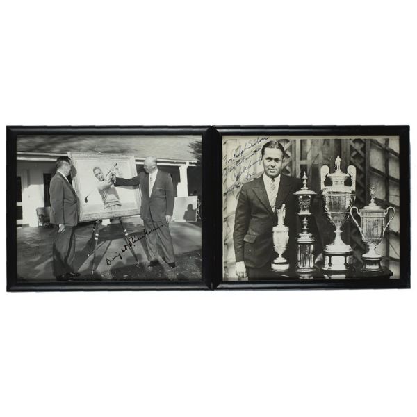 TWO 8" X 10" FRAMED SIGNED & INSCRIBED VINTAGE BOBBY JONES PHOTOS, ONE ALSO SIGNED BY PRESIDENT DWIGHT EISENHOWER