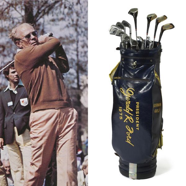 SET OF PRESIDENT GERALD R. FORDS GOLF CLUBS, GOLF BALL WITH PRESIDENTIAL SEAL AND FACSIMILE SIGNATURE, SIGNED GOLF BAG AND LETTER FROM FORDS ASSISTANT - CIRCA 1970S