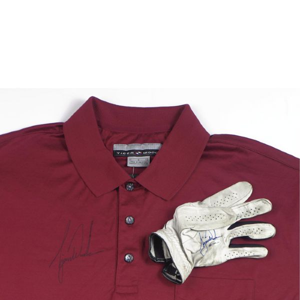 AUTOGRAPHED NIKE TIGER WOODS SHIRT AND WORN GOLF GLOVE