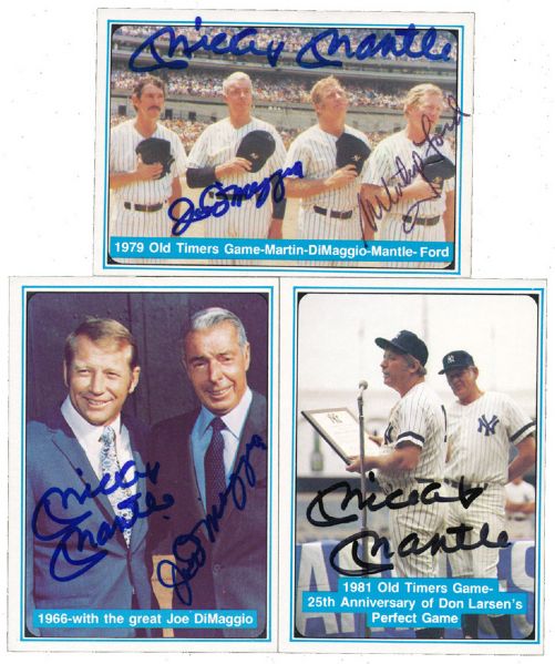 1982 "THE MICKEY MANTLE STORY" LOT OF (3) AUTOGRAPHED CARDS - MANTLE, MANTLE/DIMAGGIO/FORD, AND MANTLE/DIMAGGIO