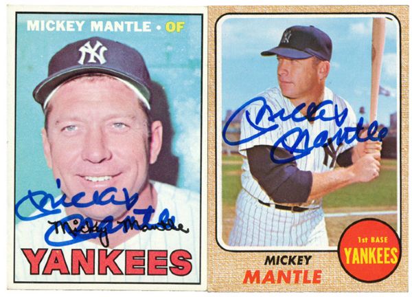 AUTOGRAPHED 1967 TOPPS #150 AND 1968 TOPPS #280 MICKEY MANTLE CARDS