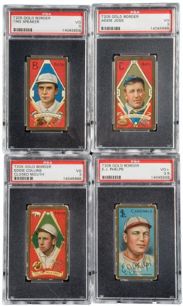 1911 T205 GOLD BORDER VG PSA 3 LOT OF 18 (17 DIFFERENT) INCLUDING SPEAKER, JOSS, AND COLLINS