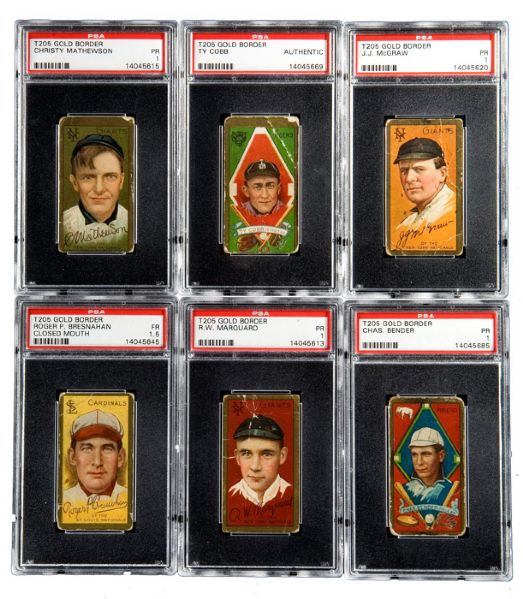 1911 T205 GOLD BORDER PR PSA 1 GRADED LOT OF 48 (42 DIFFERENT) WITH 7 HALL OF FAMERS INCLUDING MATHEWSON PLUS A PSA AUTHENTIC TY COBB