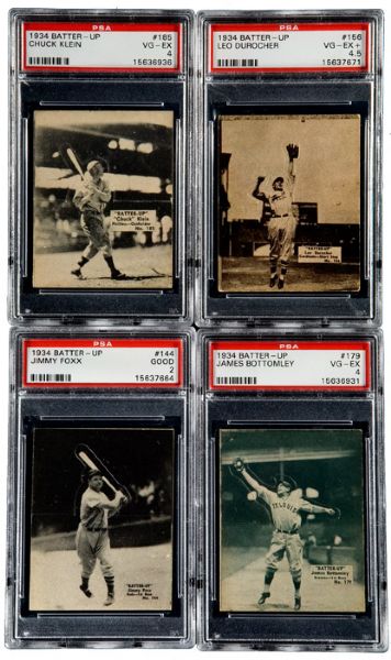 1934-36 BATTER-UP PSA GRADED LOT OF 9 INCLUDING 8 HIGH NUMBERS WITH FOXX, DUROCHER, KLEIN, BOTTOMLEY