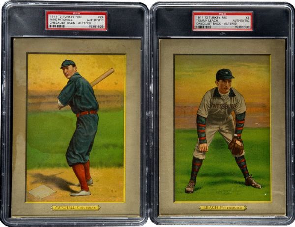 1911 PSA GRADED T3 TURKEY RED CABINET #3 LEACH, #24 MITCHELL AND T9 #57 NELSON