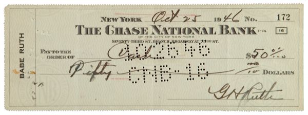 1946 BABE RUTH DOUBLE SIGNED BANK CHECK