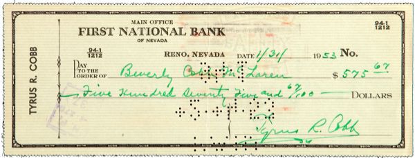 1953 TY COBB SIGNED CHECK TO HIS DAUGHTER
