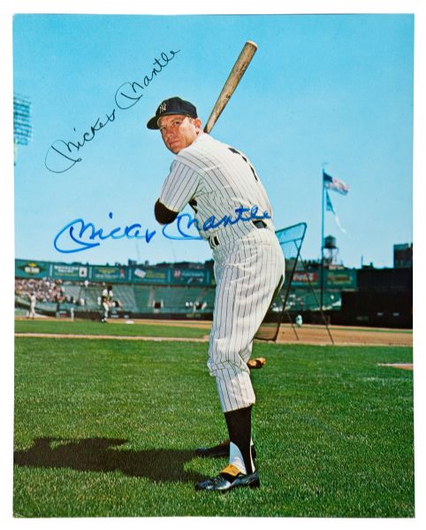 MICKEY MANTLE SIGNED 1964-66 REQUENA N. Y. YANKEE 8" BY 10" COLOR PHOTO