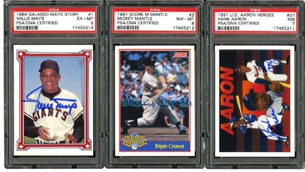MICKEY MANTLE, HANK AARON, AND WILLIE MAYS AUTOGRAPHED CARDS (3)
