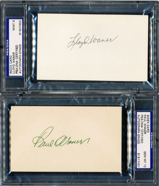 PAIR OF PAUL WANER AND LLOYD SIGNED INDEX CARDS BOTH ENCAPSULATED BY PSA/DNA