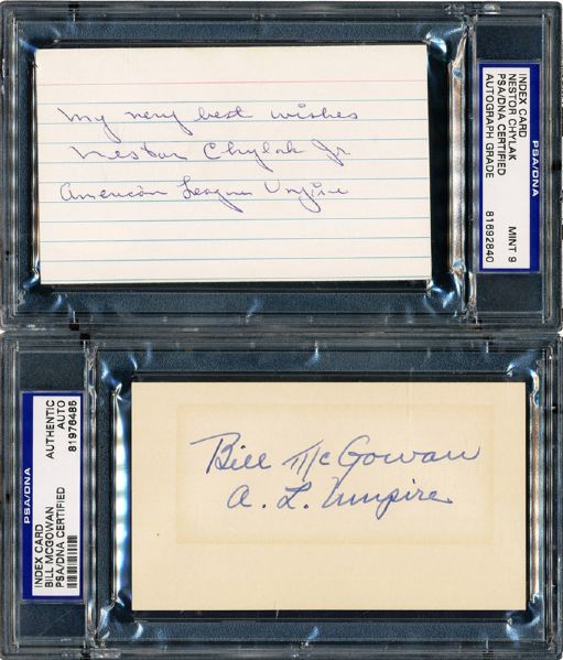 PAIR OF HALL OF FAME AL UMPIRES BILL MCGOWAN AND NESTOR CHYLAK SIGNED INDEX CARDS BOTH ENCAPSULATED BY PSA/DNA