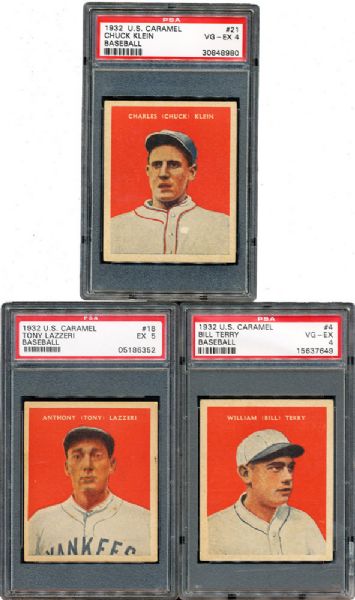 1932 U. S. CARAMEL HALL OF FAME PSA GRADED LOT OF (3) - LAZZERI, TERRY AND KLEIN