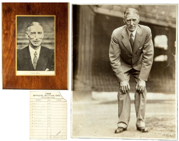 CONNIE MACK SIGNED 1944 ATHLETICS LINEUP CARD, OVERSIZED ORIGINAL PHOTO AND AUTOGRAPHED PHOTO PLAQUE