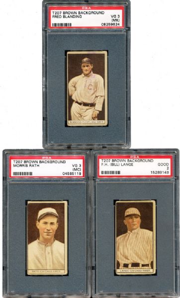 1912 T207 BROWN BORDER ANONYMOUS BACK TRIO OF PSA GRADED RARE CARDS - BLANDING, LANGE & RATH 